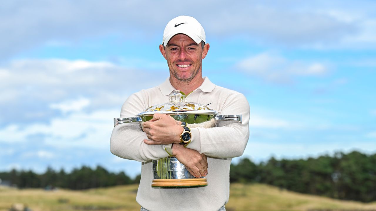 Rory McIlroy holds the Scottish Open trophy after his win in 2023