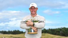 Rory McIlroy holds the Scottish Open trophy after his win in 2023
