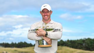 Rory McIlroy holds the Scottish Open trophy after his win in 2023
