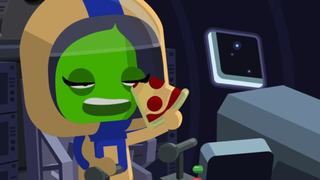 Val the green kerbal eating pizza
