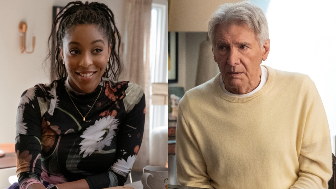 From left to right: Jessica Williams as Gaby smiling and Harrison Ford as Paul looking a bit confused. Both images are from Shrinking. 