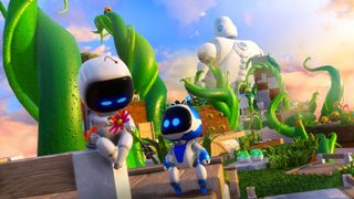 En skärmdump från Astro Bot: Rescue Mission på en android som ger en annan android en blomma.