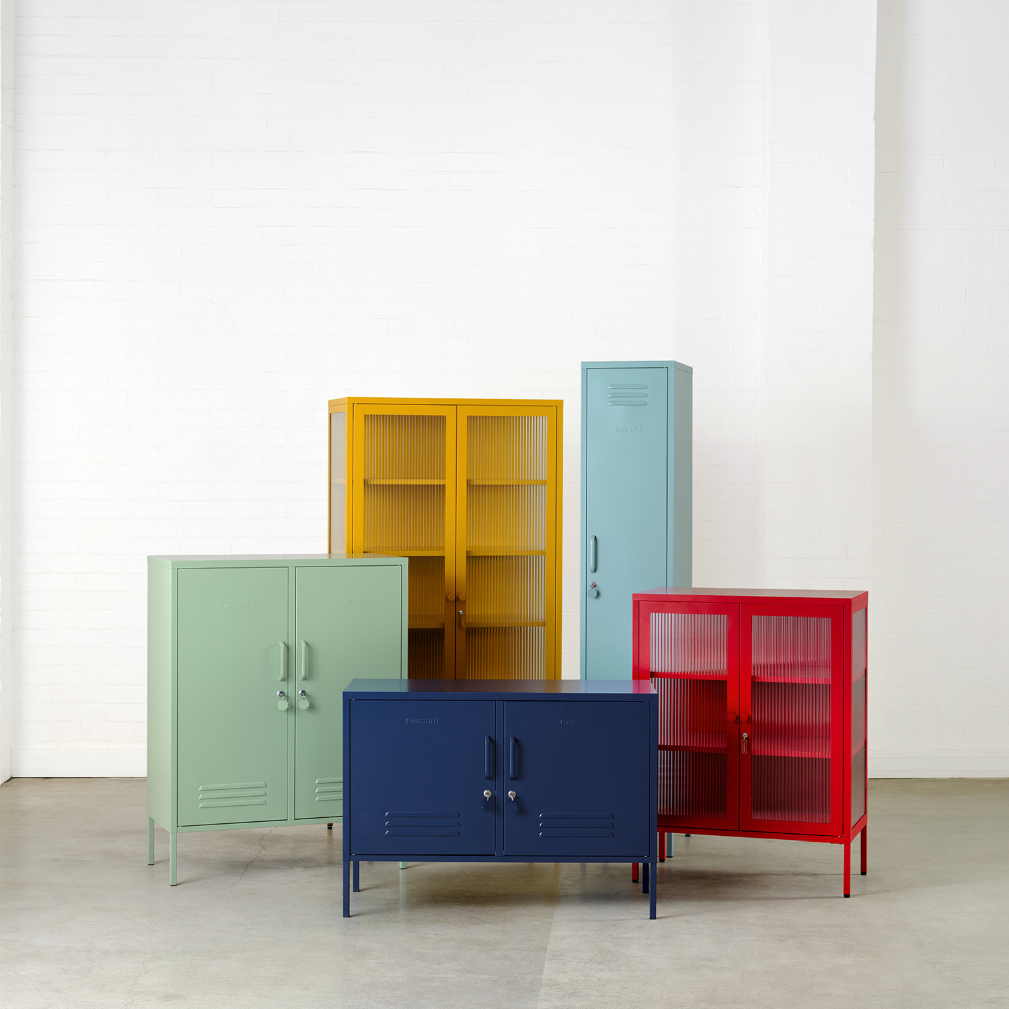 Mustard Made lockers in a warehouse.