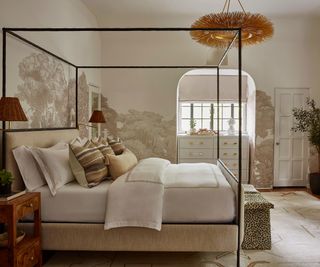 relaxing bedroom with neutral color scheme and wall mural