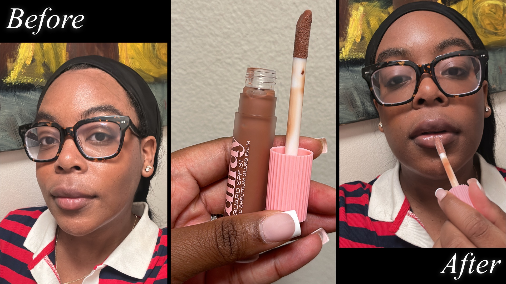 Ariel Baker testing Caliray SPF Gloss Balm