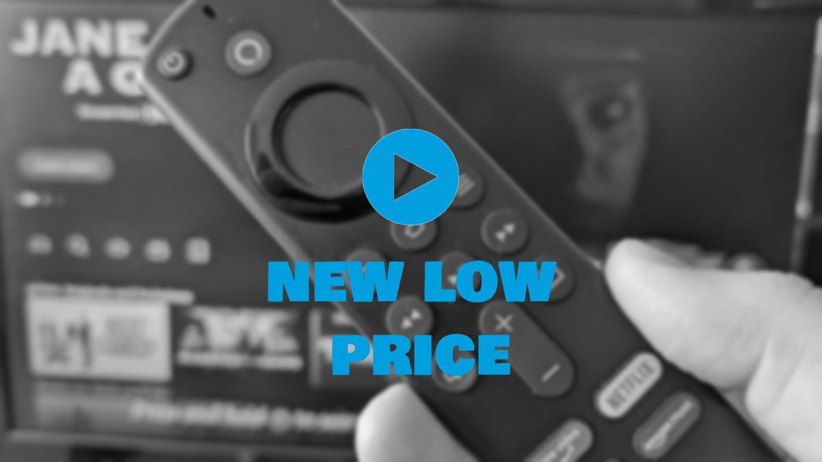 The Amazon Fire TV Stick 4K Max remote with the What to Watch logo and text saying &#039;New low price&#039; emblazoned in front of it.