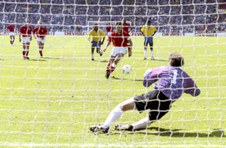 Brazil goalkeeper Carlos saves a Gary Lineker penalty against England at Wembley in 1992.