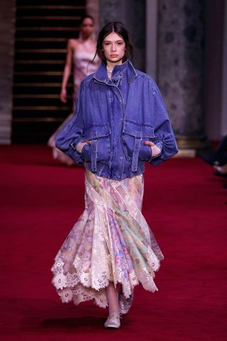 Zimmermann AW24 denim jacket and floral dress GettyImages-2058084793