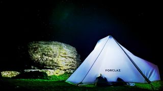 Forclaz MT900 Minimal Editions trekking pole tarp tent at night
