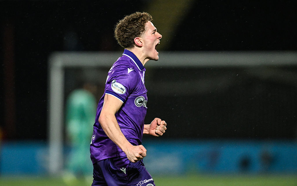 AIRDRIE, SCOTLAND - FEBRUARY 06: St Mirren's Jacob Devaney celebrates after scoring to make it 1-0 during a Scottish Gas Scottish Cup Fifth Round match between Airdrieonians and St Mirren at the Albert Bartlett Stadium, on February 06, 2026, in Airdrie, Scotland. (Photo by Rob Casey/SNS Group via Getty Images)