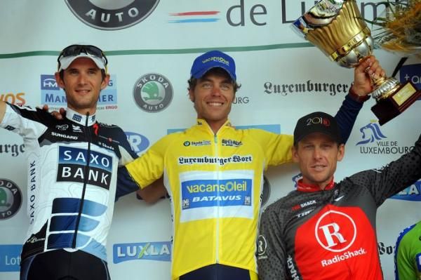 The final Tour de Luxembourg podium: Carrara, Schleck and Armstrong