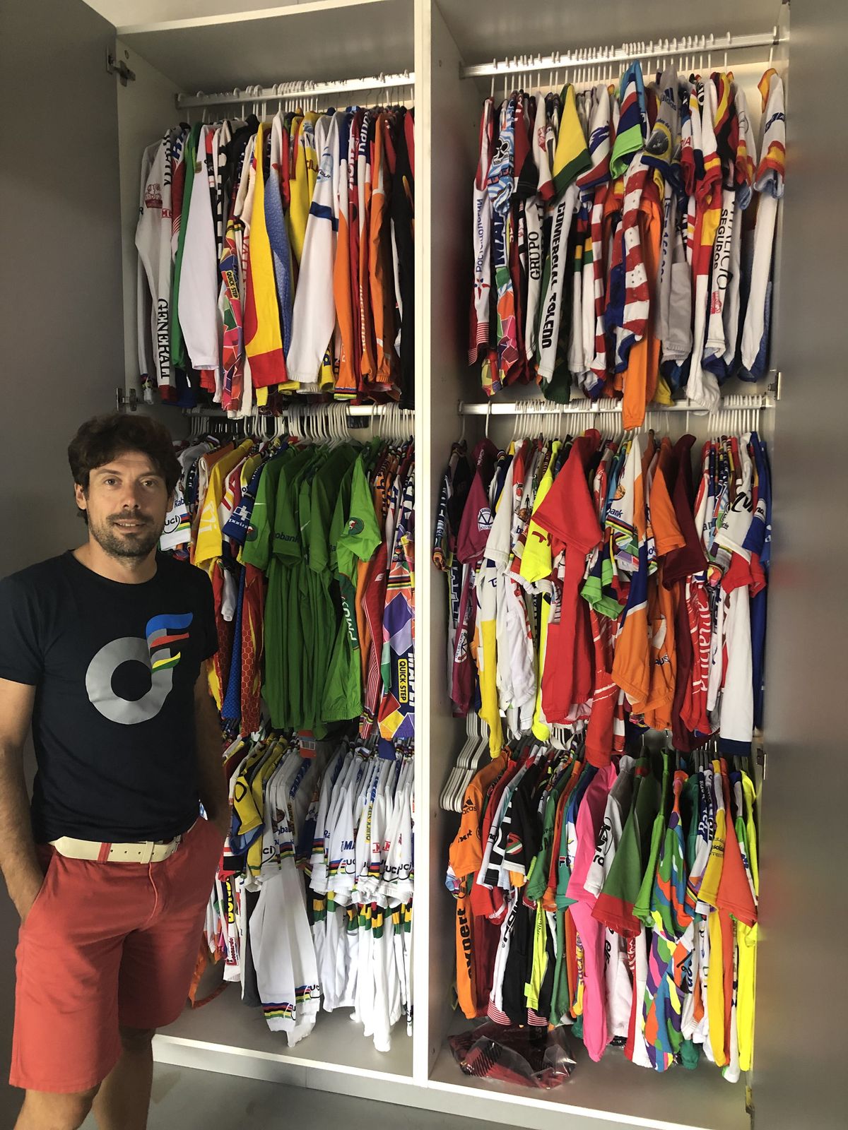 Oscar Freire shows off his complete collection of jerseys that span several decades