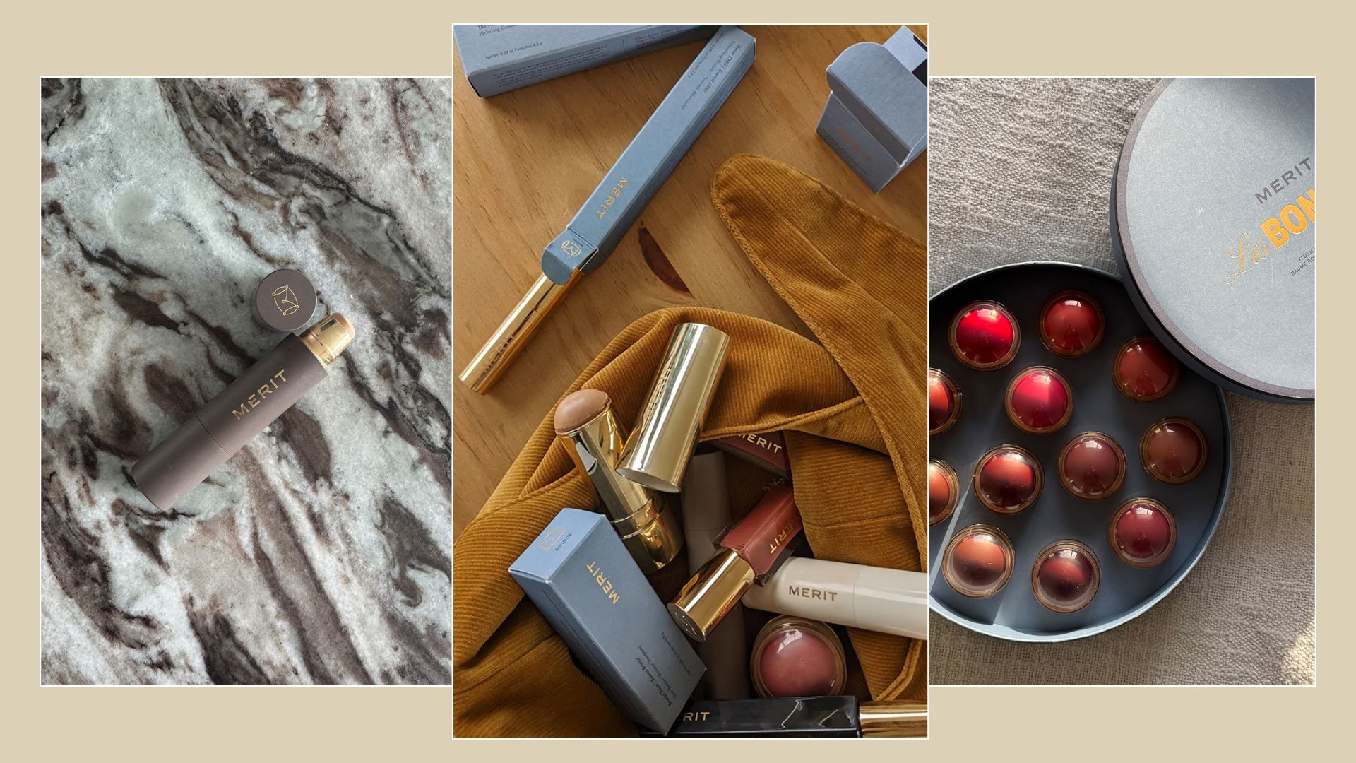 A collage of merit beauty products