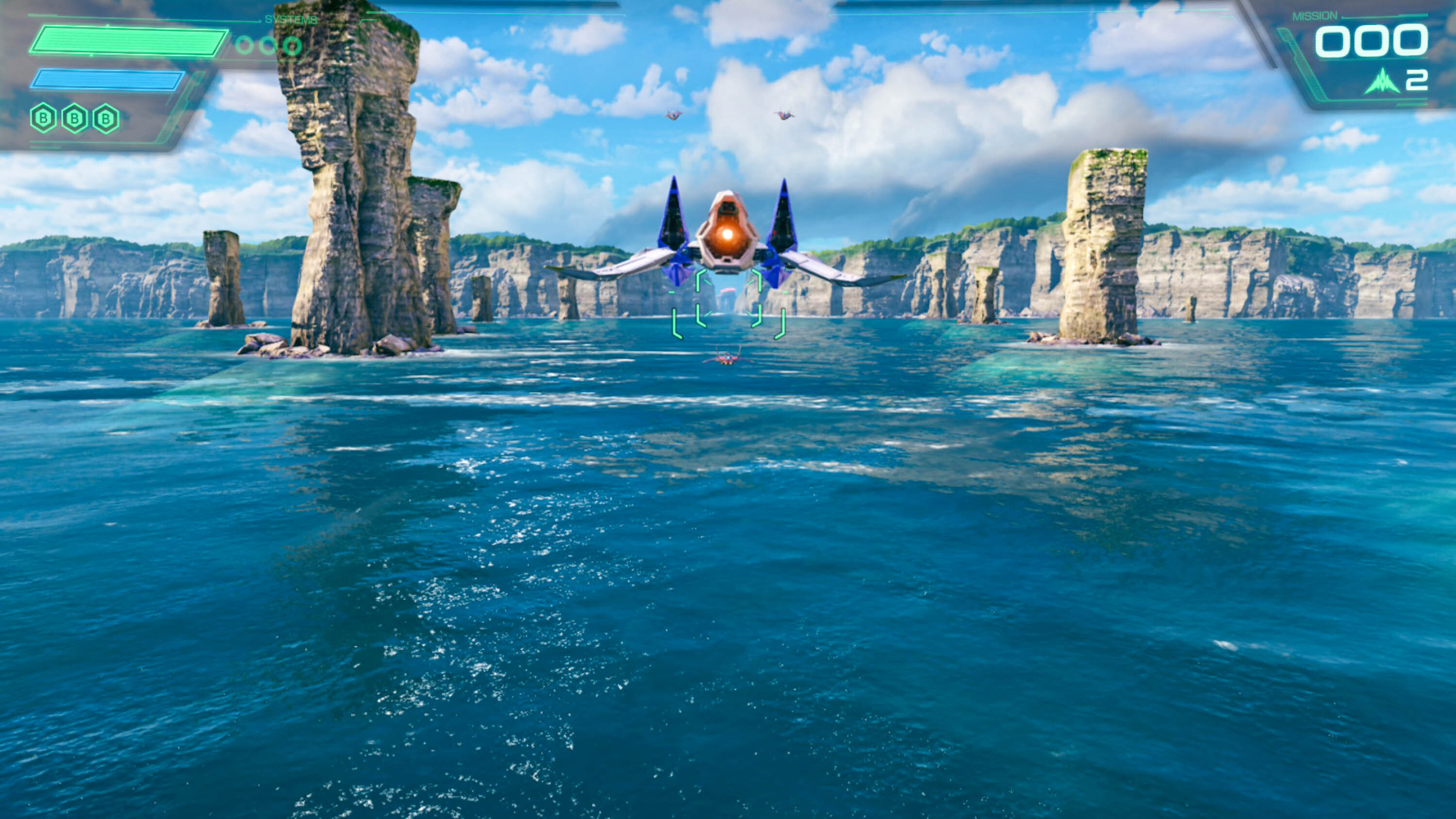 Fox McCloud flying over the water in Star Fox on the Nintendo Switch 2