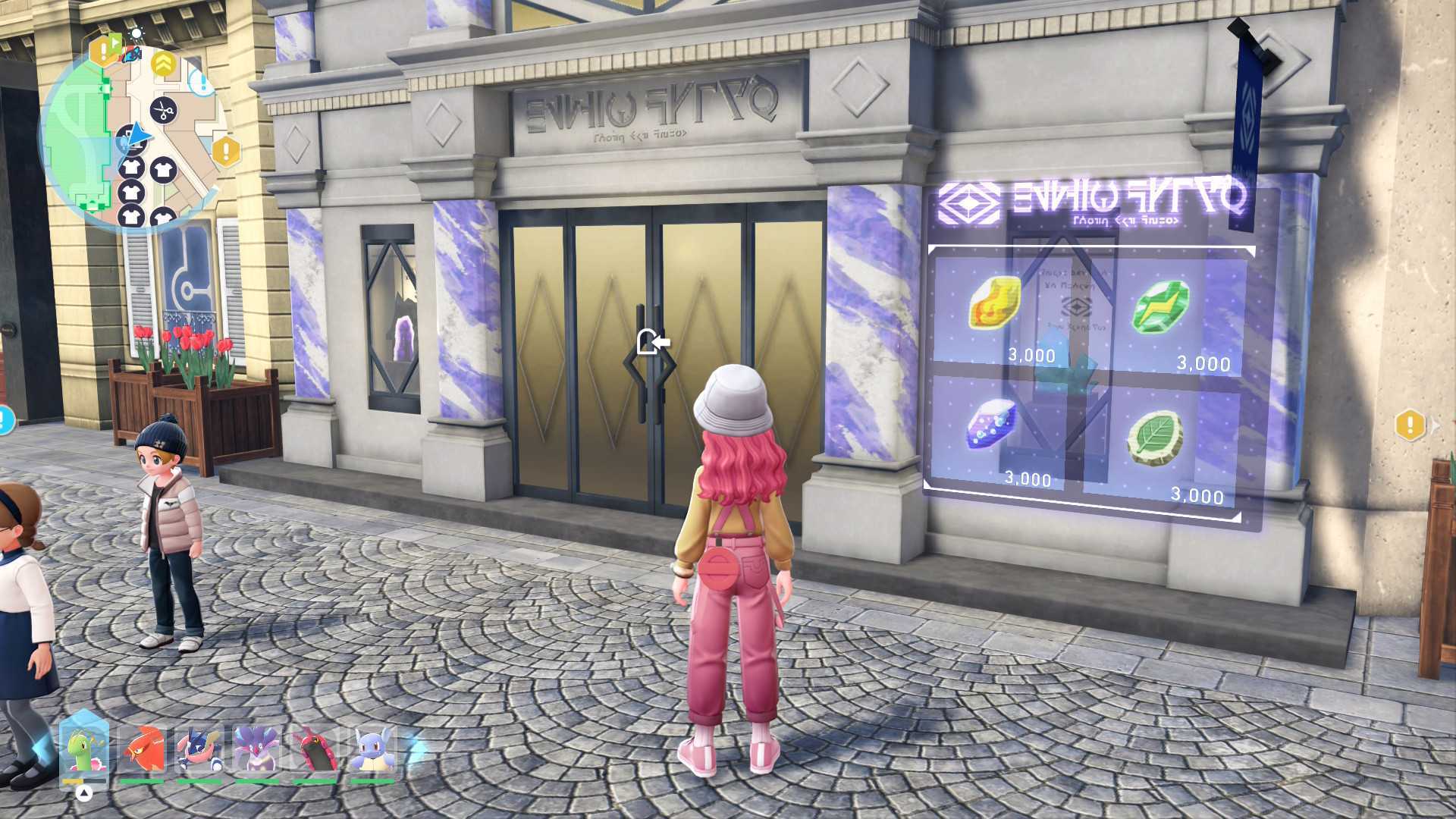 A pink-haired trainer stood outside Stone Emporium in Pokemon Legends: Z-A.