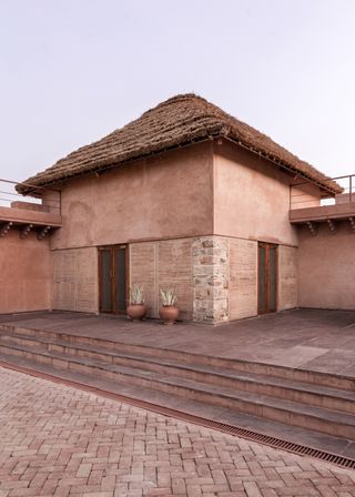 steps to terraces towards pink mud house in India
