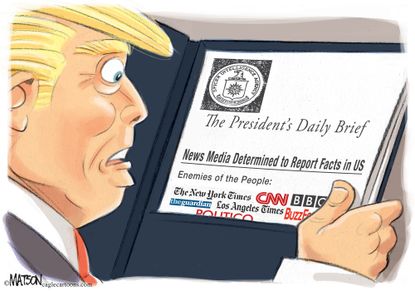 Political Cartoon U.S. President Trump Daily Briefing Press reports facts