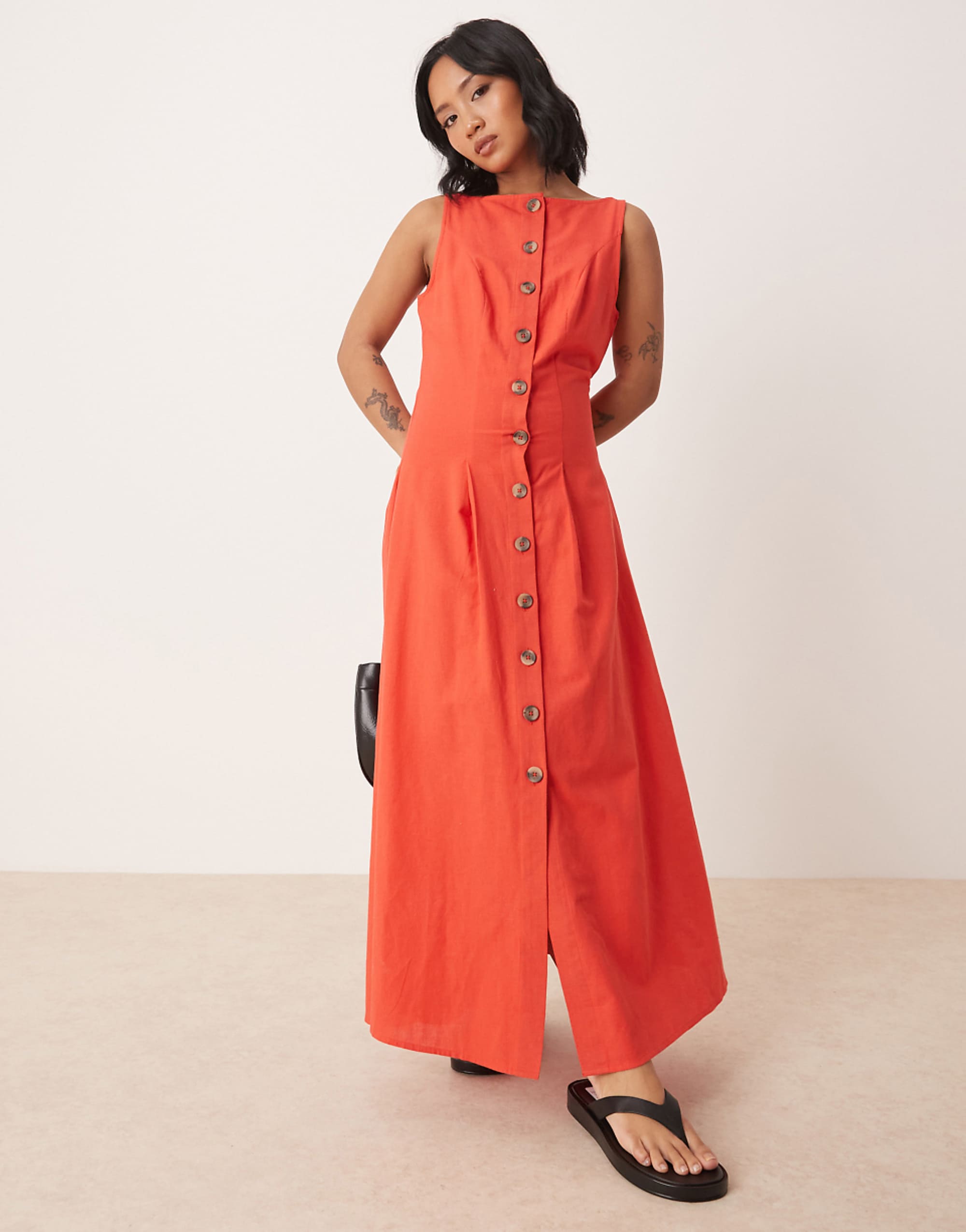 Asos Design Petite Slash Neck Button Down Waistcoat Maxi Dress Bright Red