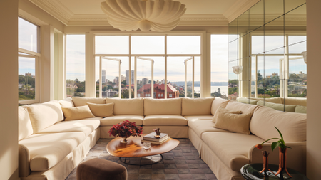 a nook living room with a white modular sofa, mirrored wall and water views