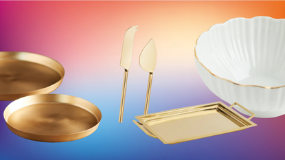 gold plant trays, serving tray, cheese knives and bowl