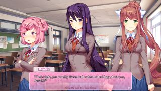 Screenshot from Doki Doki Literature Club, showing three of the main characters in a classroom.