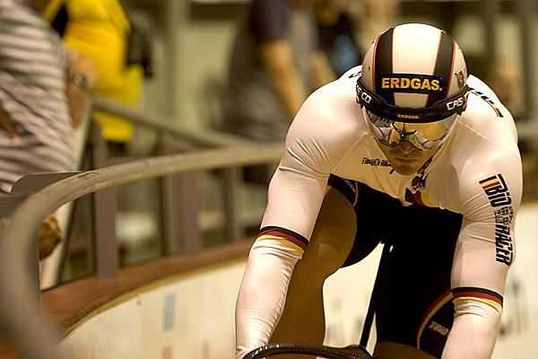 Big German Carsten Bergemann at the top of the boards during his ride in the men's 200m sprint qualifiers.