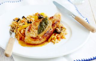 sage pork chop with vegetable pasta, low calorie meals