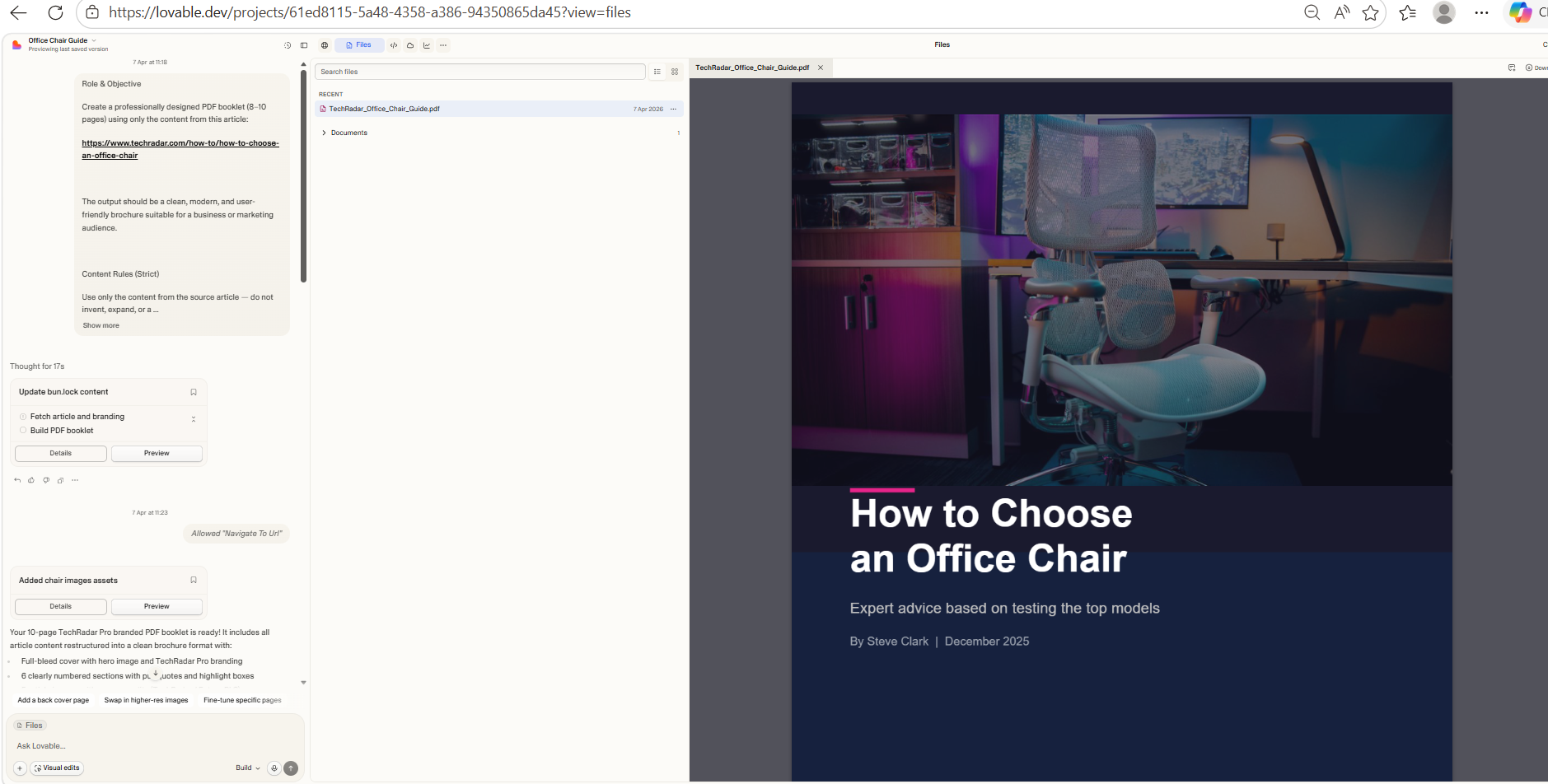 Interacting with Lovable to create a PDF bookazine