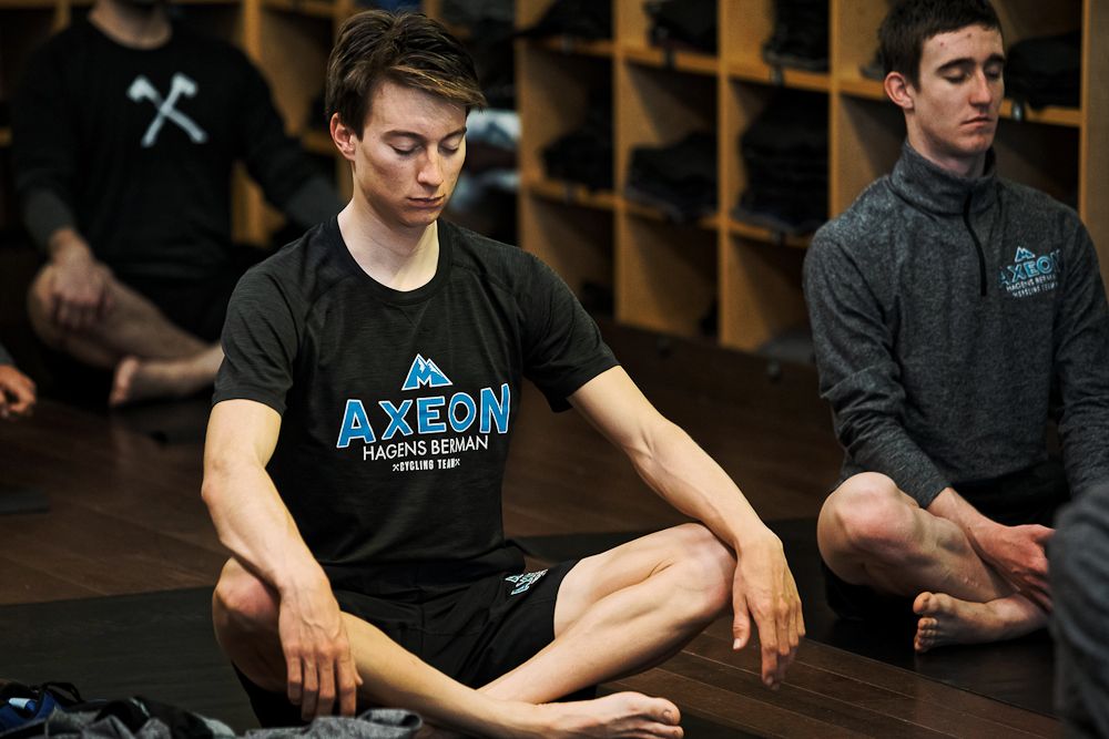 Neilson Powless takes part in yoga class at the 2017 Axeon Hagens Berman training camp