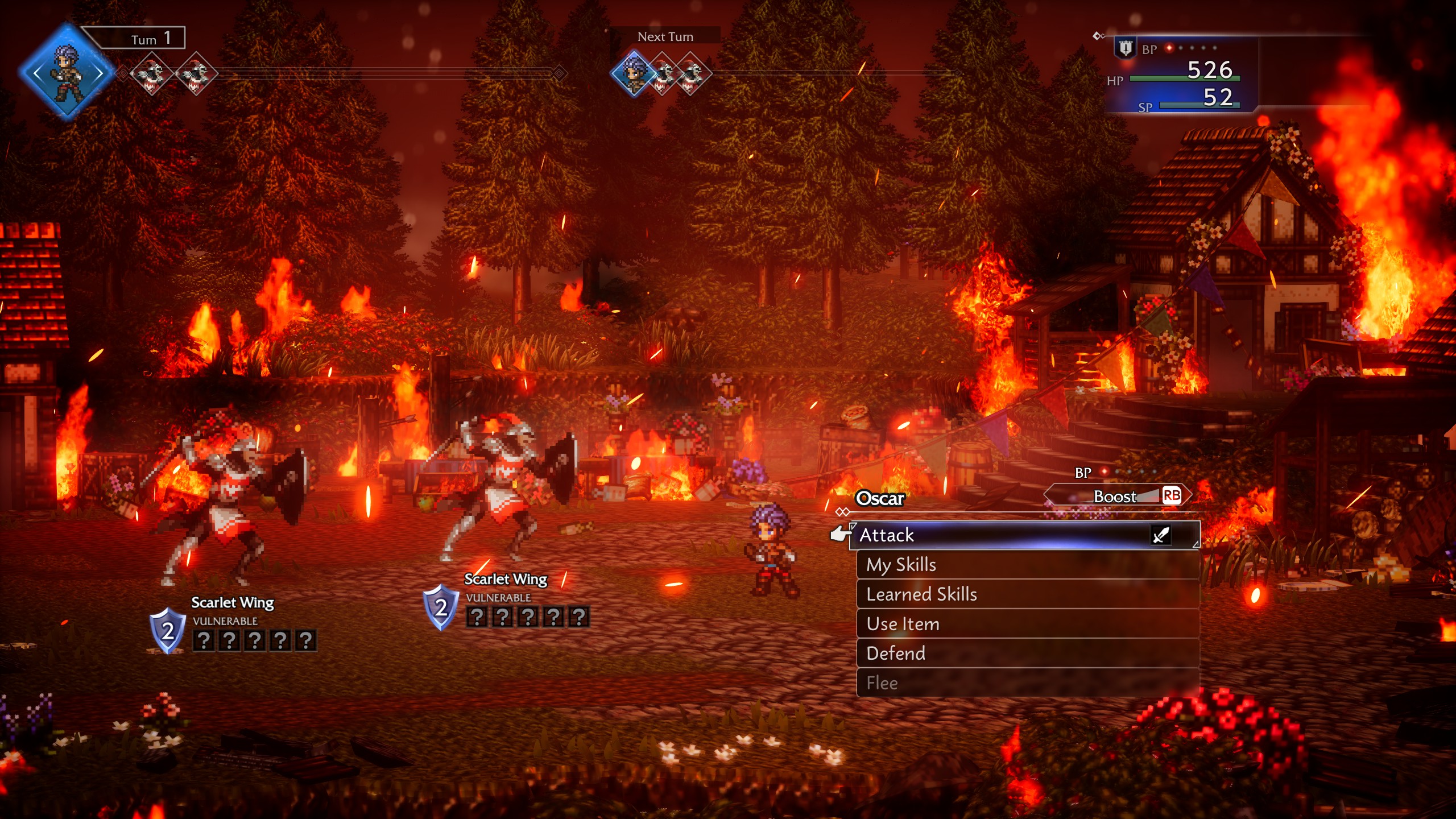 The protagonist fights Scarlet Wing soldiers in his burning village in the opening of Octopath Traveler 0