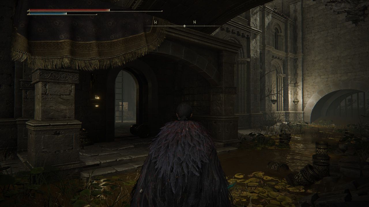 Elden Ring ninja character exploring Belurat Tower Settlement showing location of Well Depths Key and the well to use it in