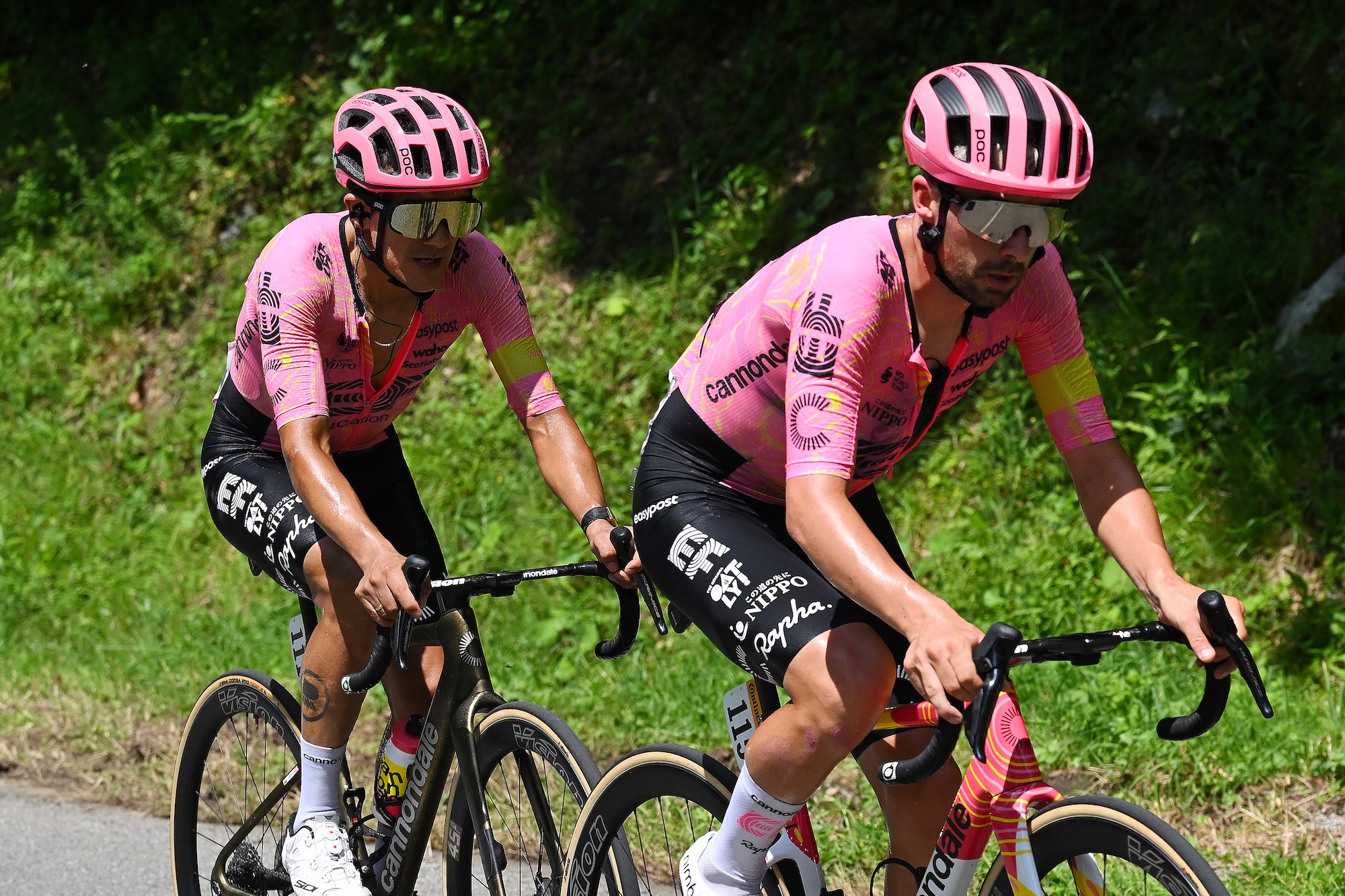 PLATEAU DE BEILLE, FRANCE - JULY 14: (L-R) Richard Carapaz of Ecuador and Ben Healy of Ireland and Team EF Education - EasyPost compete in the breakaway during the 111th Tour de France 2024, Stage 15 a 197.7km stage from Loudenvielle to Plateau de Beille 1782m  / #UCIWT / on July 14, 2024 in Plateau de Beille, France. (Photo by Tim de Waele/Getty Images)
