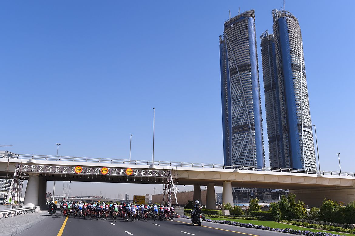 The Dubai skyscrapers provide the backdrop