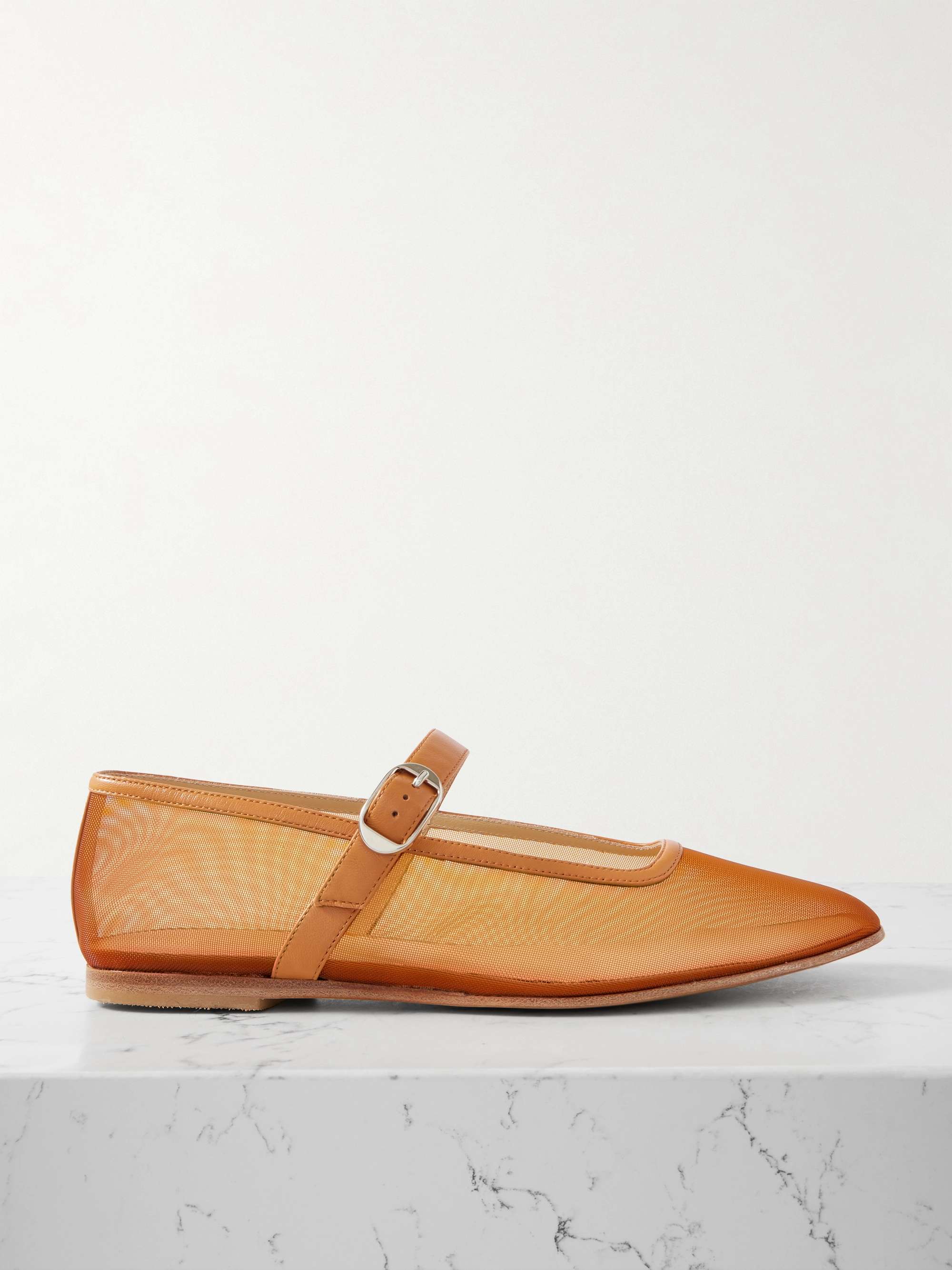 Patent Leather-Trimmed Mesh Mary Jane Ballet Flats