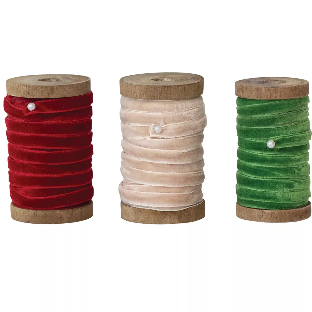 Storied Home 3-Piece Velvet Ribbon on Mango Wood Spool Set, Red, Beige, and Green