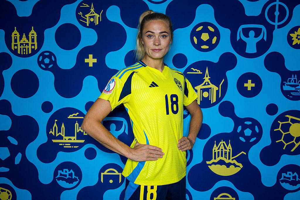 Fridolina Rolfo of Sweden poses for a portrait during the Official UEFA Women's EURO 2025 Portrait Session on June 29, 2025 in Cham, Switzerland.