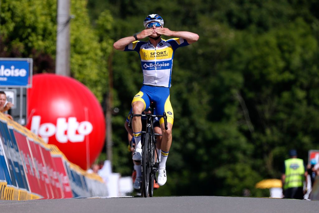 MAARKEDAL BELGIUM JUNE 09 Robbe Ghys of Belgium and Team Sport Vlaanderen Baloise stage winner celebrates at arrival during the 90th Baloise Belgium Tour 2021 Stage 1 a 1753km stage from Beveren to Maarkedal baloisebelgiumtour on June 09 2021 in Maarkedal Belgium Photo by Bas CzerwinskiGetty Images