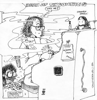 Another Perfect Day's album cover artist Paul Hawden drew this for producer Tony Platt, showing him being harassed in the studio by Lem and Robbo