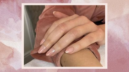 A hand with oval, chrome ombre nails by nail artist Ombre nails by gel.bymegan/ in a pink , purple and watercolour template