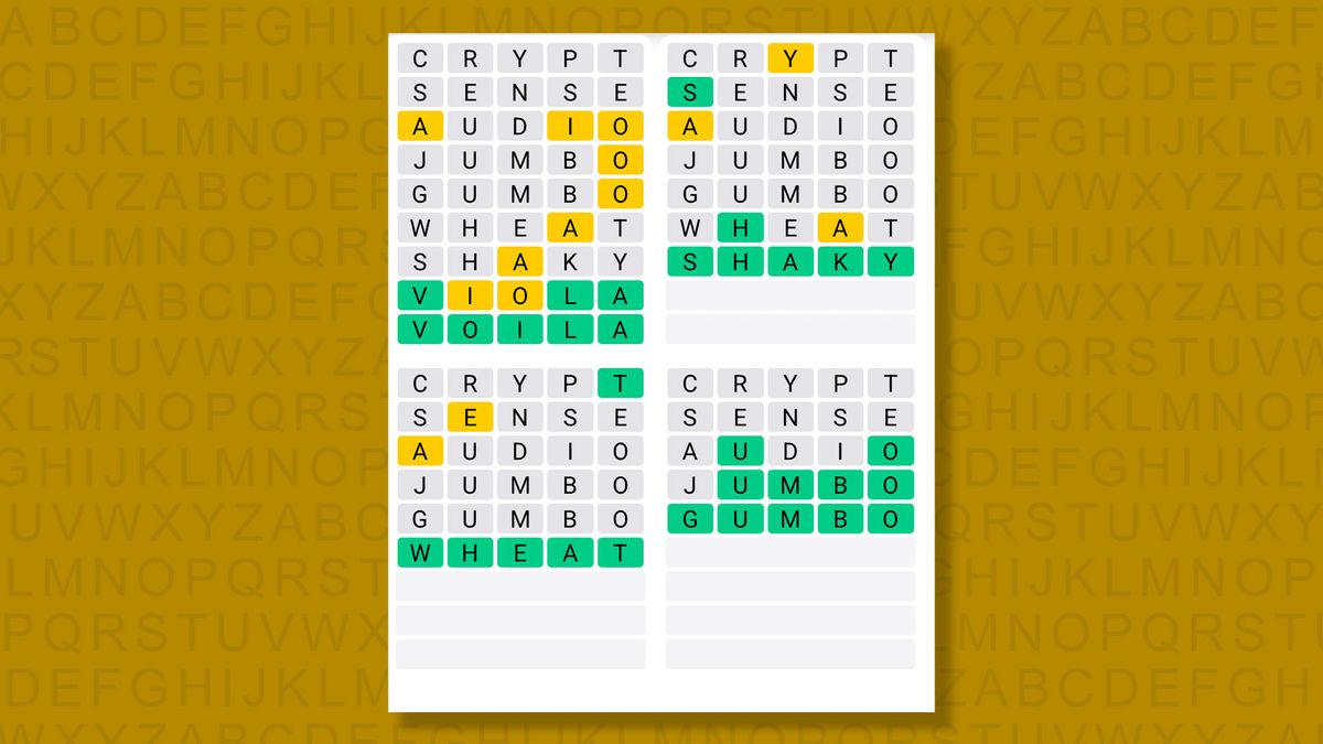 Quordle answers for game 1483 on a yellow background