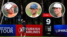 Edoardo Molinari hits from the ninth tee at the 2025 Turkish Airlines Open with three headshots of Wenyi Ding (top left), Sam Bairstow (centre) and Adrien Saddier (top right) above him