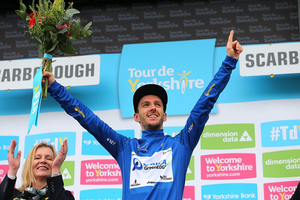 Adam Yates (Orica-GreenEdge) celebrates his jersey win at the Tour de Yorkshire