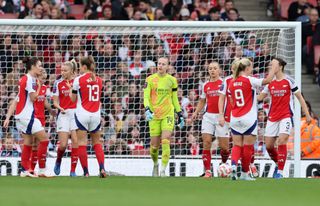 A dejected looking Arsenal team during the Barclays Women's Super League match between Arsenal and Chelsea at Emirates Stadium on October 12, 2024 in London, England.