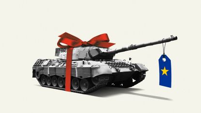 Tank wrapped with a bow and an EU gift tag