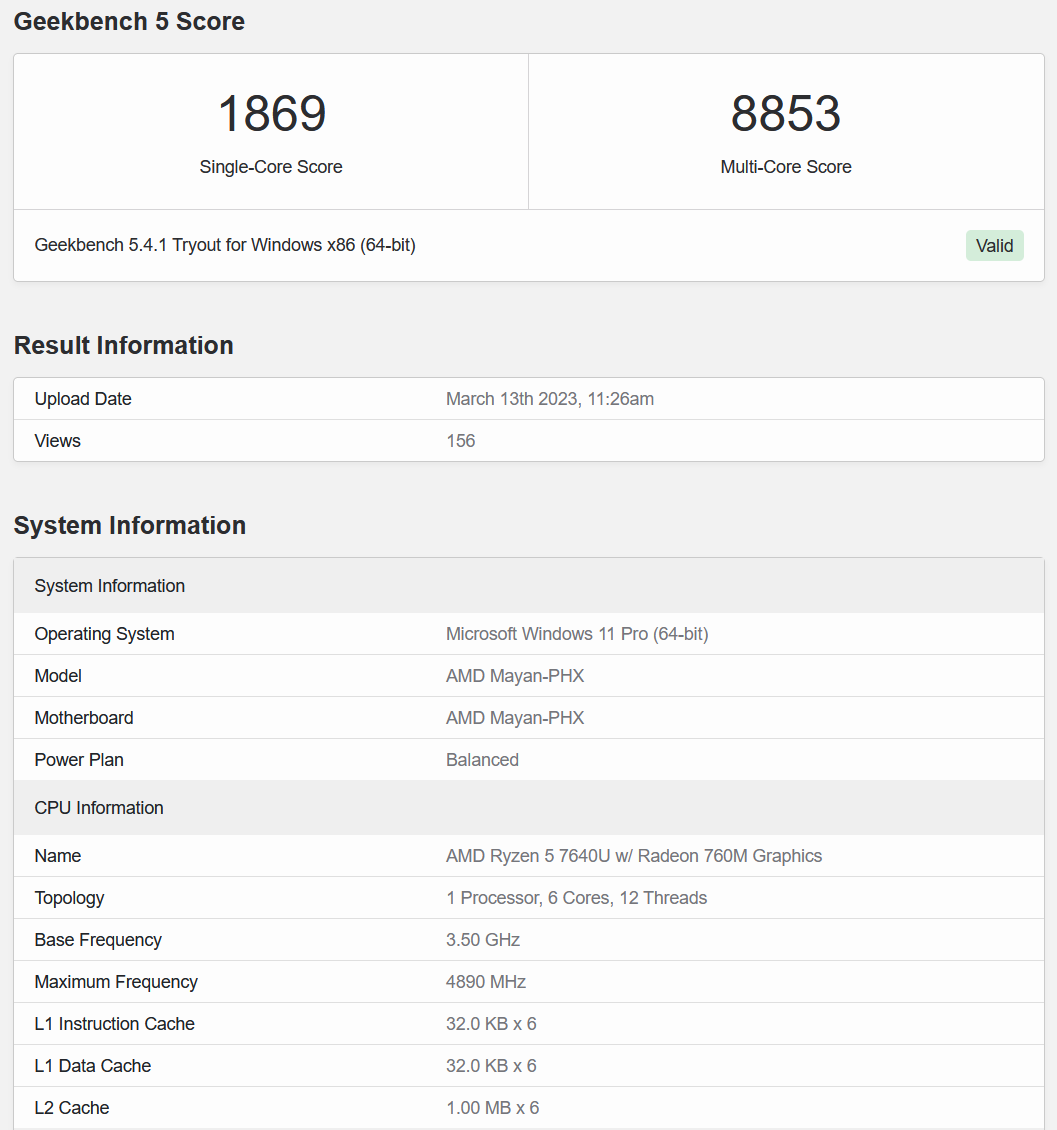 Ryzen 5 7640U Geekbench 5 Benchmark Results