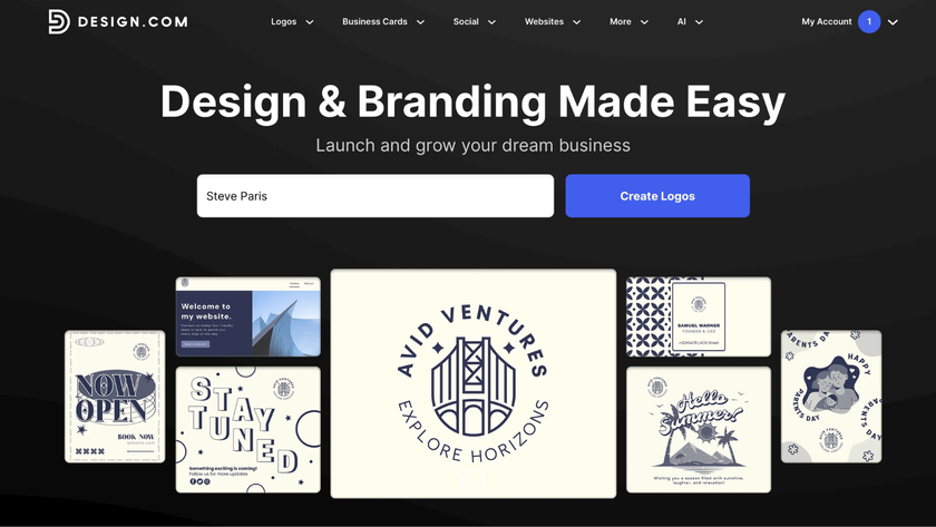 Design.com welcome page during our review with a text box showing the reviewer&#039;s name