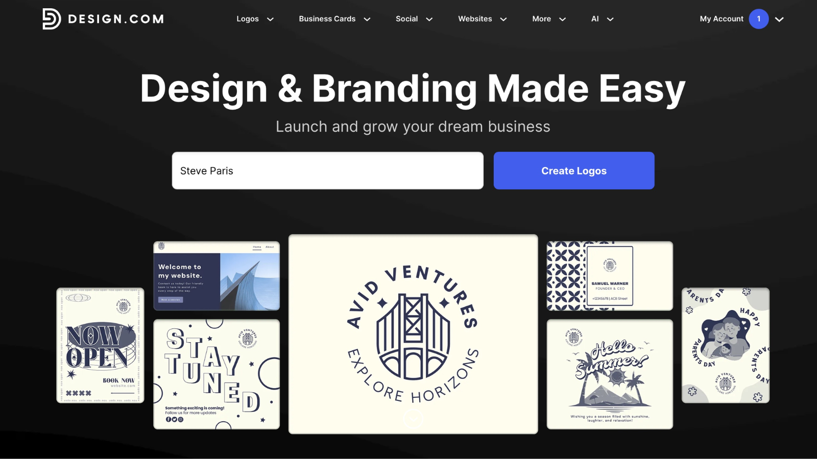 Design.com welcome page during our review with a text box showing the reviewer&#039;s name