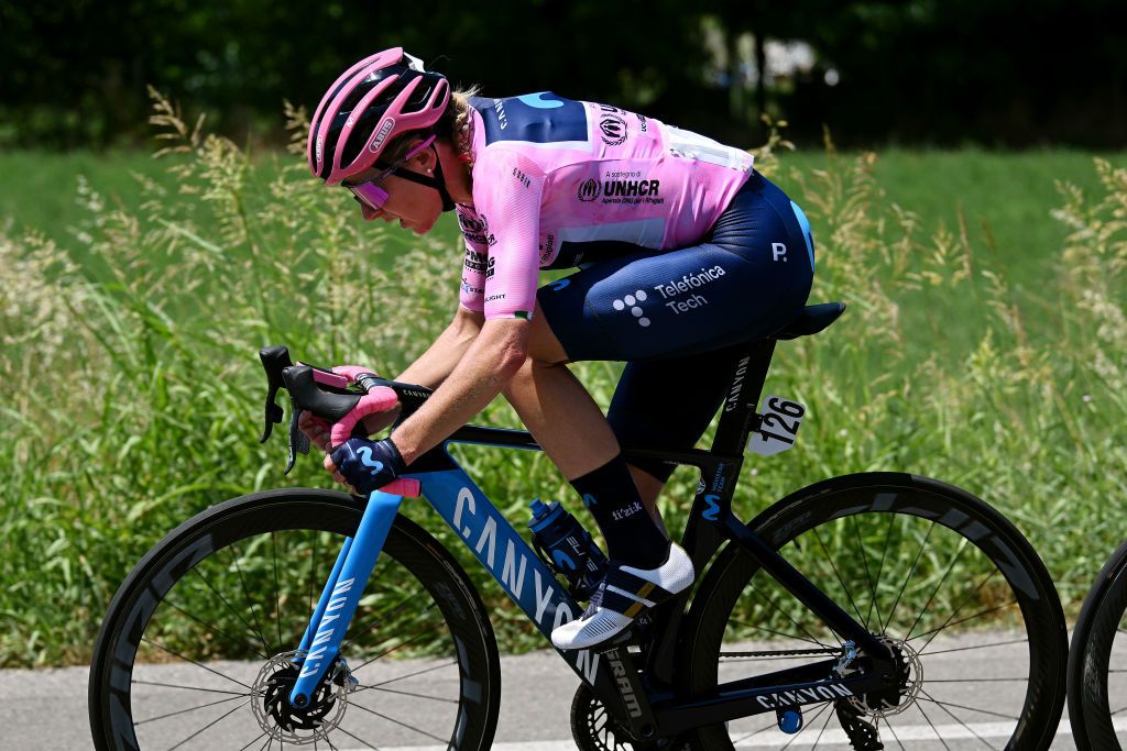REGGIO EMILIA ITALY JULY 05 Annemiek Van Vleuten of Netherlands and Movistar Team pink leader jersey competes during the 33rd Giro dItalia Donne 2022 Stage 5 a 1261km stage from Carpi to Reggio Emilia GiroDonne UCIWWT on July 05 2022 in Reggio Emilia Italy Photo by Dario BelingheriGetty Images