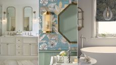 A trio of images showing different styles of bathroom lights