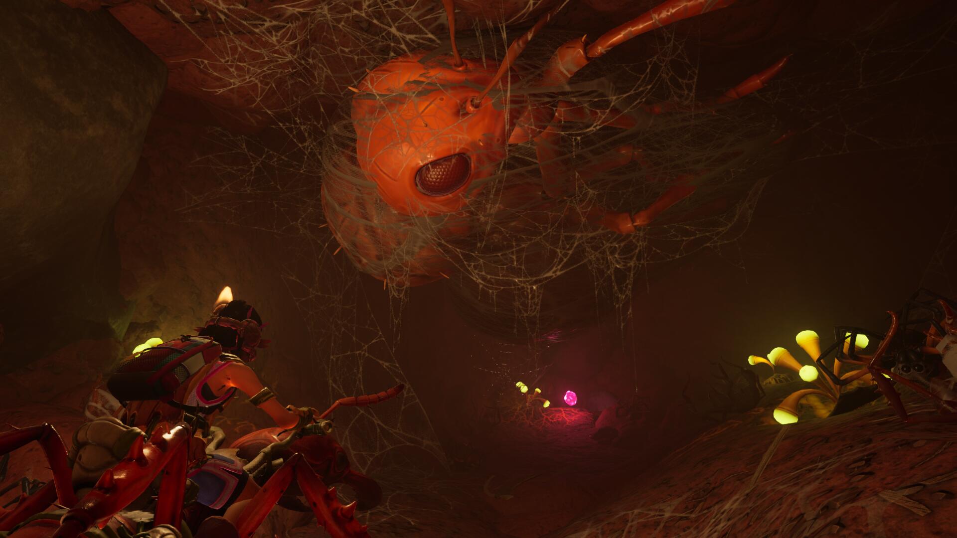 Looking at a webbed wasp in a cave while riding an ant in Grounded 2